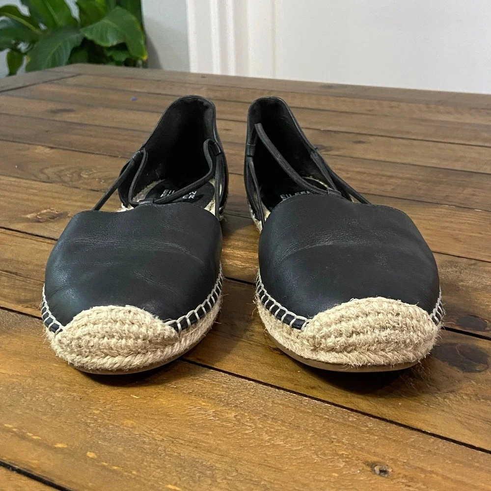 Eileen Fisher Womens Black Leather Espadrille Flats dOrsay Strappy Shoes 7.5